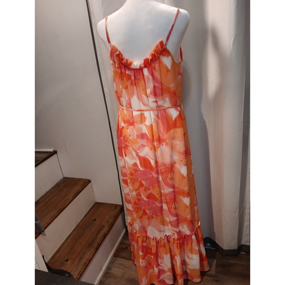 Nicole Miller Tropical Sheer Tiered Maxi Dress Belted Floral Boho XS - Picture 5 of 13